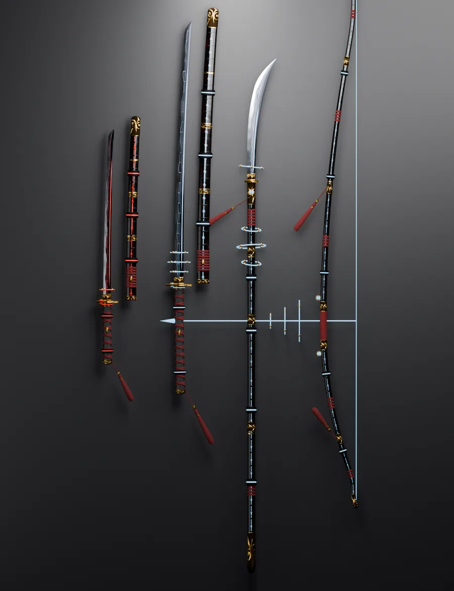 自社で作った和風の武器の3Dモデル(刀・薙刀・弓)