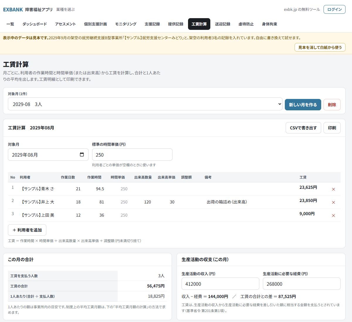 工賃計算のアプリの画面。見本データとして、架空の事業所の利用者3人分の工賃、月の合計、生産活動の収支が表示されている