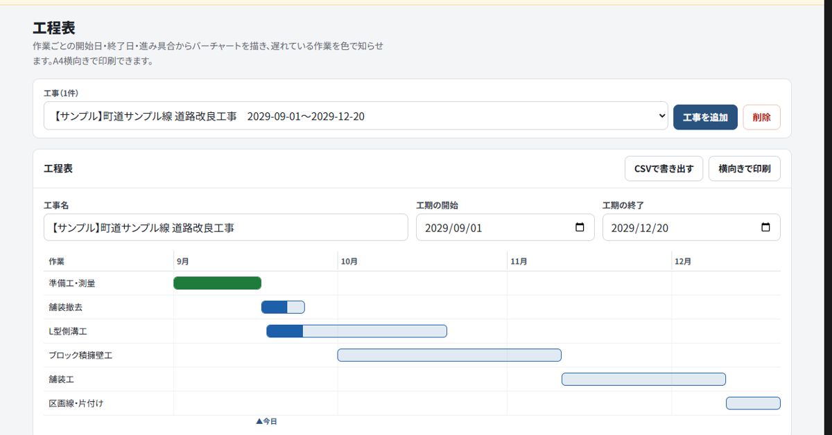 工程表アプリの画面。見本データで、作業ごとの棒と、開始日・終了日・進み具合・担当・日数・状態の一覧を表示している