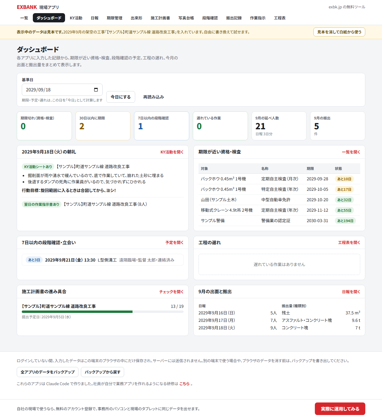 現場アプリのダッシュボード。期限が近い資格・検査、段階確認の予定、今月の延べ人数と搬出件数が並ぶ